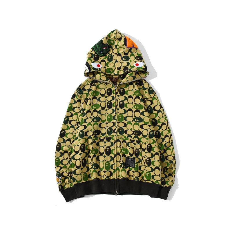 Shark Print Hoodie Shark Head Little Dinosaur Hoodie Men And Women Cardigan Coat Outerwear