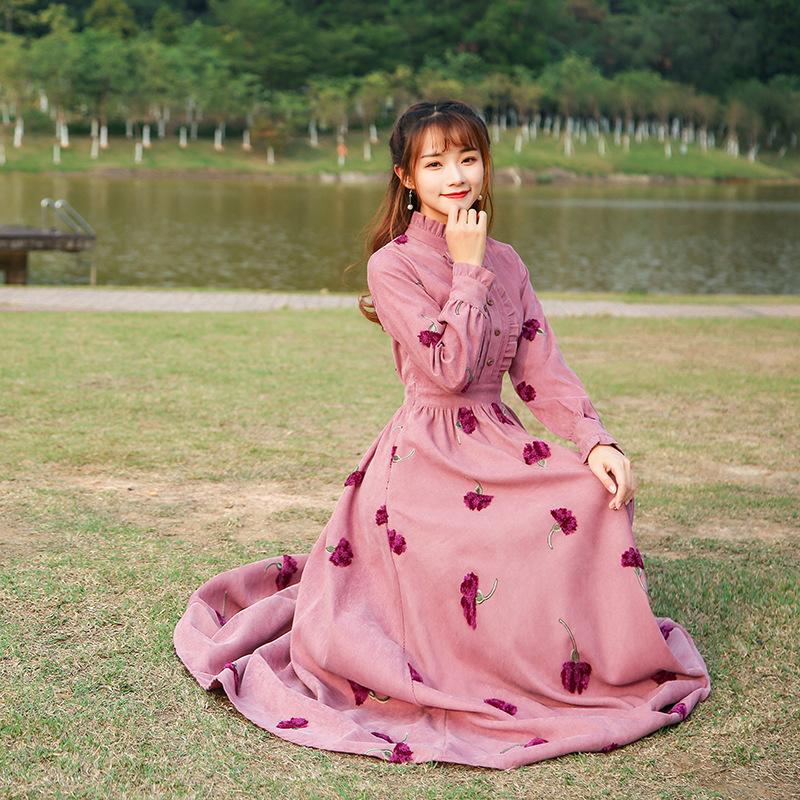 Vintage Embroidery Ruffled Corduroy cottagecore aesthetic dresses