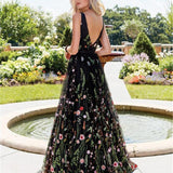 Sexy Deep V Sleeveless Embroidered Backless Large Swing Dress Floral Tulle Cottagecore Aesthetic Prom Dresses Black Ball Gown