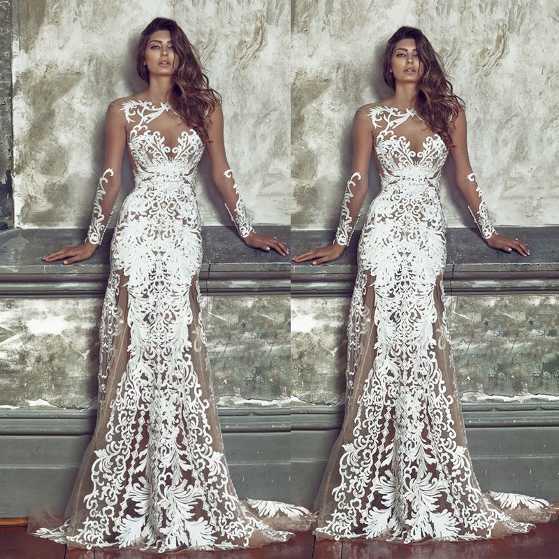 See through Wedding Dress Long Sleeve Sheer Mesh Embroidered Wedding Dress