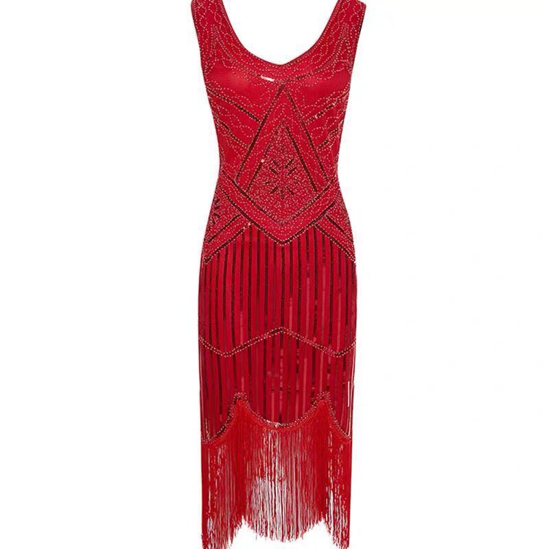 1920S Dress Evening Dress Vintage Style Sequined Tassel Tuxedo Dress