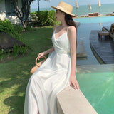 Satin Dress Beach Dress Seaside Sexy Backless Holiday Dress Long Dress Satin Suspender Dress for Women Summer