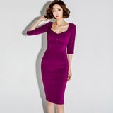Mauve Dress Spring Low Cut V-neck High Waist Slim Fit Slimming 3/4 Sleeves Pencil Skirt