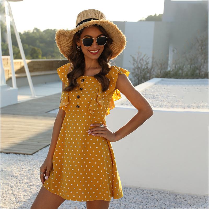 Polka Dot Stitching Ruffled Square Collar Sleeveless Mini Dress cottagecore aesthetic dress
