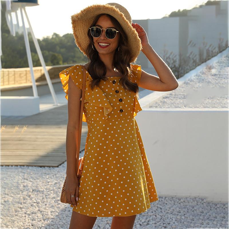 Polka Dot Stitching Ruffled Square Collar Sleeveless Mini Dress cottagecore aesthetic dress