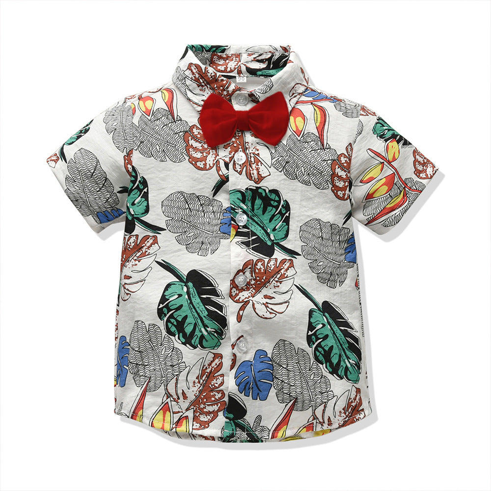 Children Boy Co Ord 2 Piece Set Fashion Short Sleeve Shirt Trousers 2 PCs Set Leaves Flower Beach