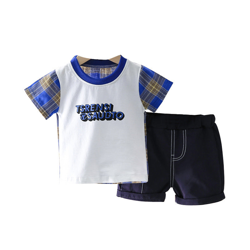 Children Boy Co Ord Fashion Plaid Short Sleeve T-shirt Jeans 2 Piece Set