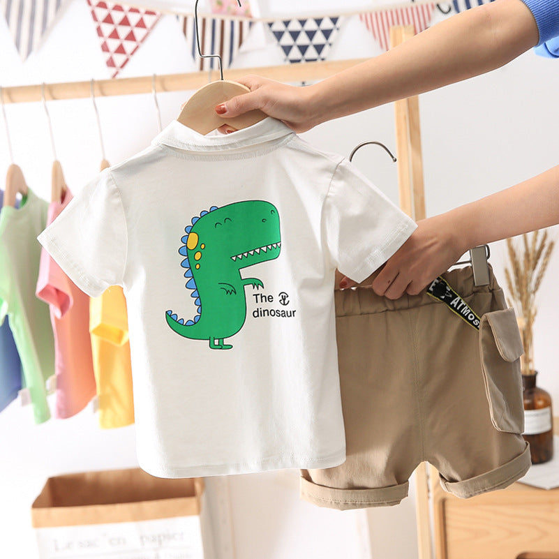 Children Boy Co Ord Summer Cartoon Dinosaur Short Sleeve Shorts 2 Piece Set