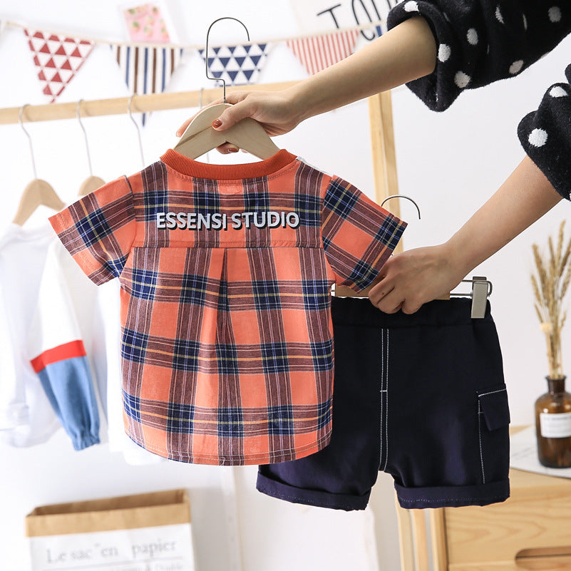 Children Boy Co Ord Fashion Plaid Short Sleeve T-shirt Jeans 2 Piece Set
