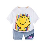 Children Boy Co Ord Summer Short Sleeve T-shirt Jeans Cartoon Smiley Rainbow 2 Piece Set