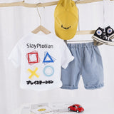 Children Boy Co Ord Summer Short Sleeve T-shirt Jeans Cartoon Smiley Rainbow 2 Piece Set