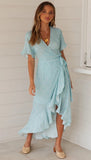 Fashion Irregular Pattern Print V-neck Lace-up Short Sleeve Dress Sage Cottagecore Outfit