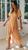 Fashion Irregular Pattern Print V-neck Lace-up Short Sleeve Dress Sage Cottagecore Outfit