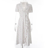 Floral Print V-neck Short Sleeve Flounce Irregular Slim-Fit cottagecore aesthetic dress