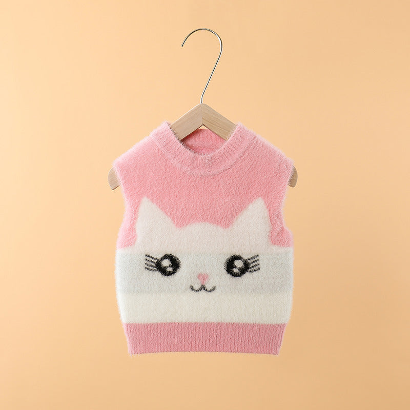 Boys Sweater Vest Baby Wool Pullover Cute Kitty Jacquard Knitted Vest
