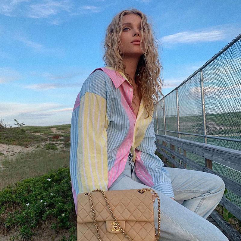 Loose Striped Contrast Color Mid-Length Cottagecore Shirt