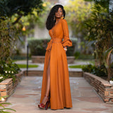 Burnt Orange Dress Autumn And Winter Women 'S Single Sexy Deep V Long Sleeve Waist Solid Color Cardigan Dress Long Skirt