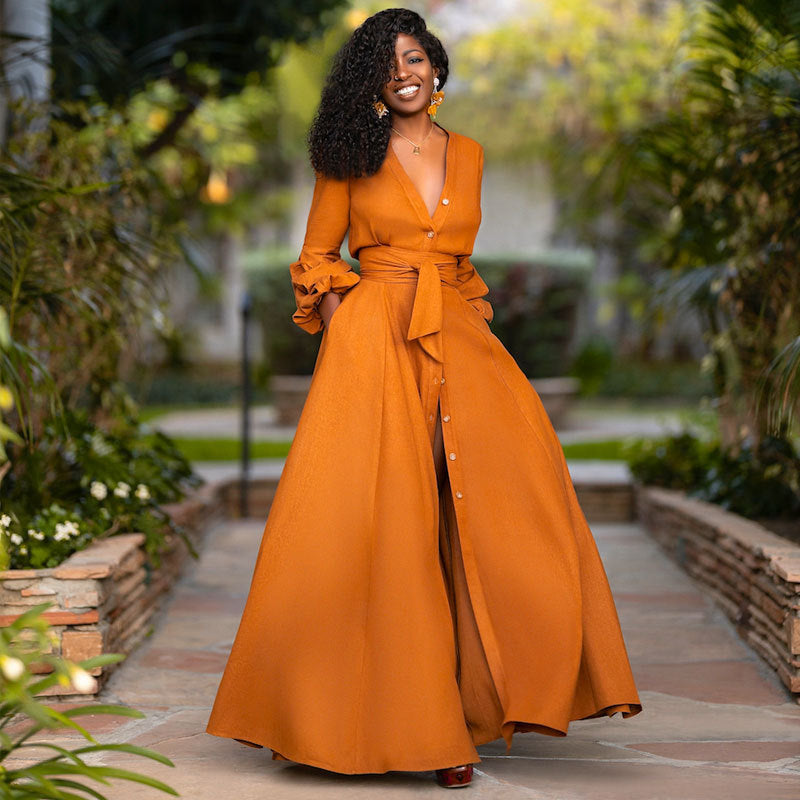 Burnt Orange Dress Autumn And Winter Women 'S Single Sexy Deep V Long Sleeve Waist Solid Color Cardigan Dress Long Skirt