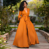 Burnt Orange Dress Autumn And Winter Women 'S Single Sexy Deep V Long Sleeve Waist Solid Color Cardigan Dress Long Skirt
