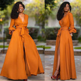 Burnt Orange Dress Autumn And Winter Women 'S Single Sexy Deep V Long Sleeve Waist Solid Color Cardigan Dress Long Skirt