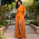 Burnt Orange Dress Autumn And Winter Women 'S Single Sexy Deep V Long Sleeve Waist Solid Color Cardigan Dress Long Skirt