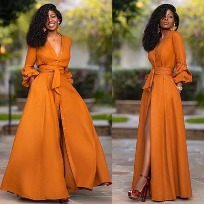 Burnt Orange Dress Autumn And Winter Women 'S Single Sexy Deep V Long Sleeve Waist Solid Color Cardigan Dress Long Skirt