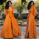 Burnt Orange Dress Autumn And Winter Women 'S Single Sexy Deep V Long Sleeve Waist Solid Color Cardigan Dress Long Skirt