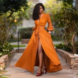 Burnt Orange Dress Autumn And Winter Women 'S Single Sexy Deep V Long Sleeve Waist Solid Color Cardigan Dress Long Skirt