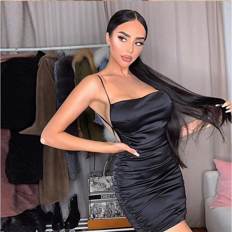Satin Dress Solid Color Sexy Backless Strap Nightclub Dress for Women