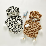Winter Rompersins Winter Infant Warm Plush Leopard Print Jumpsuit Thickened Rompers Hooded