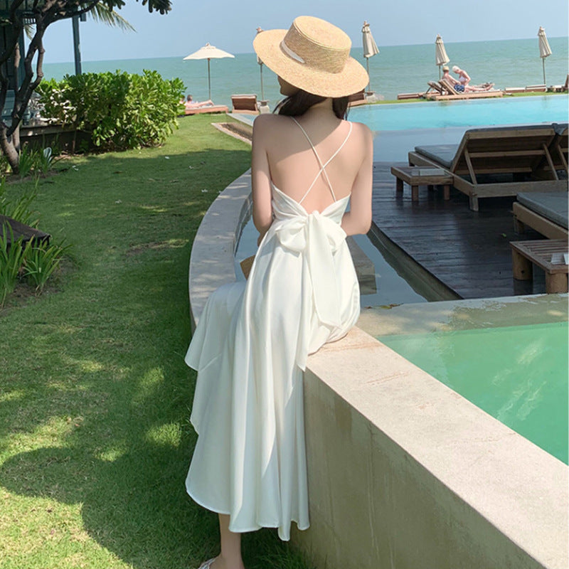 Satin Dress Beach Dress Seaside Sexy Backless Holiday Dress Long Dress Satin Suspender Dress for Women Summer
