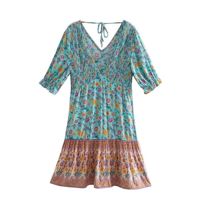 Summer Fresh Pastoral Style Lotus Leaf Dress High Waist Slim-Fit Half-Length Sleeve V-neck Sweet Floral Cottagecore Bohemia Hippie Sundress