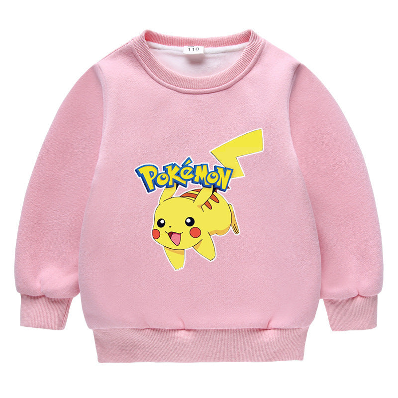 Children Pokemon Pikachu Hoodie Fleece-Lined Pikachu Sweater Double-Layer Thickened Coat Top