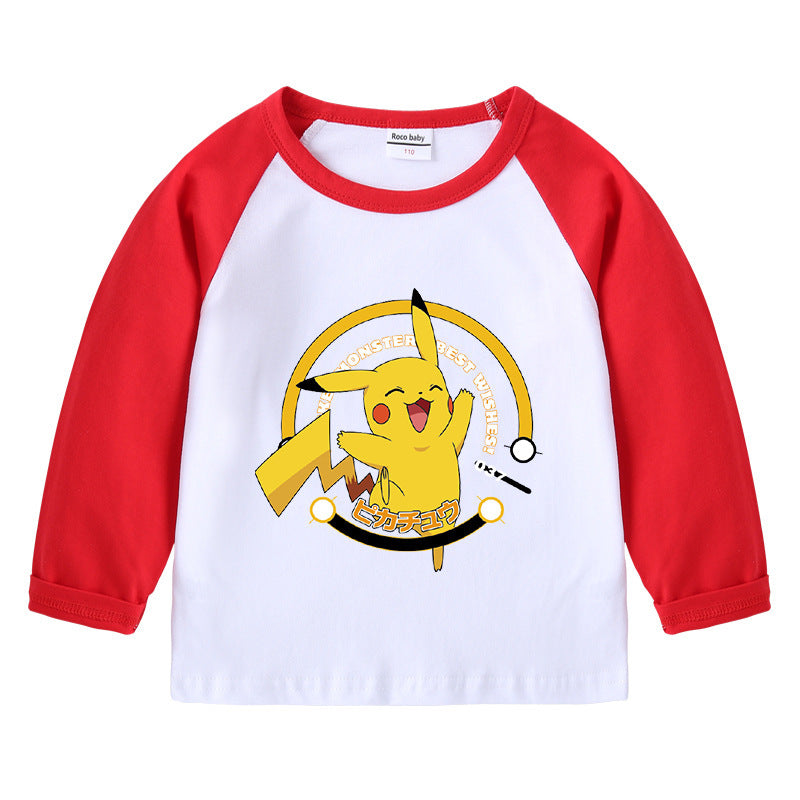 Children Pokemon Pikachu Hoodie Autumn Pikachu Children's Cotton Raglan T-shirt round Neck