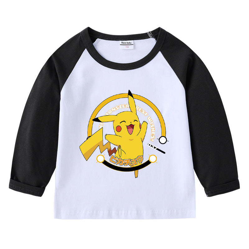 Children Pokemon Pikachu Hoodie Autumn Pikachu Children's Cotton Raglan T-shirt round Neck