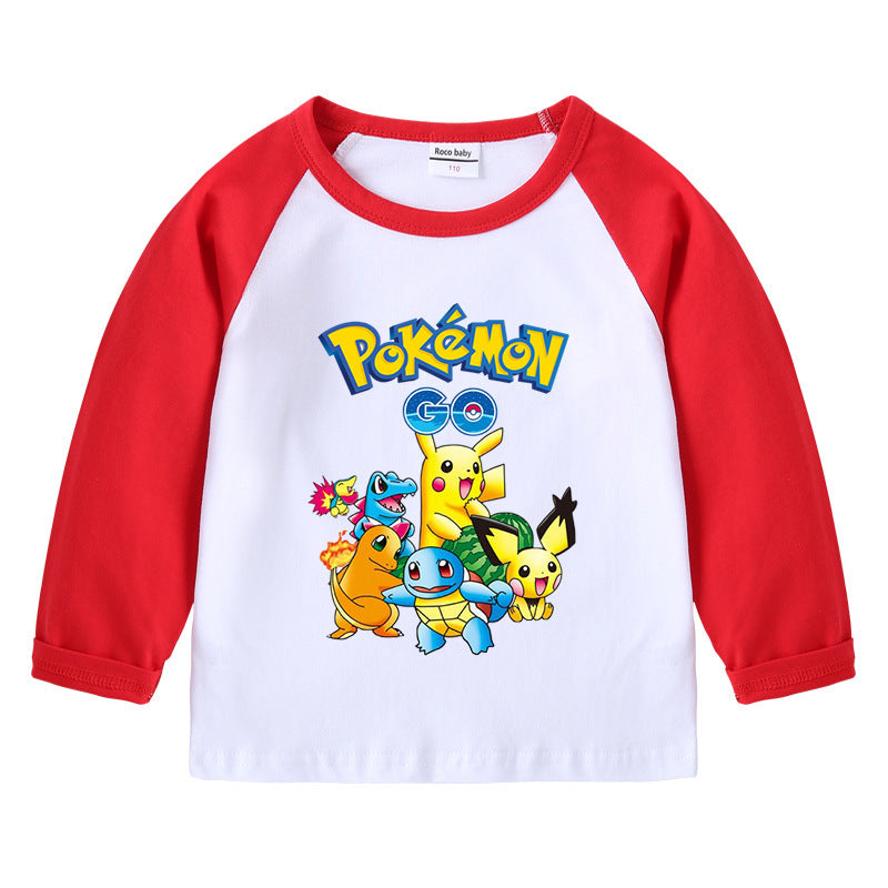 Children Pokemon Pikachu Hoodie Spring and Autumn Pikachu Children's Cotton Raglan T-shirt