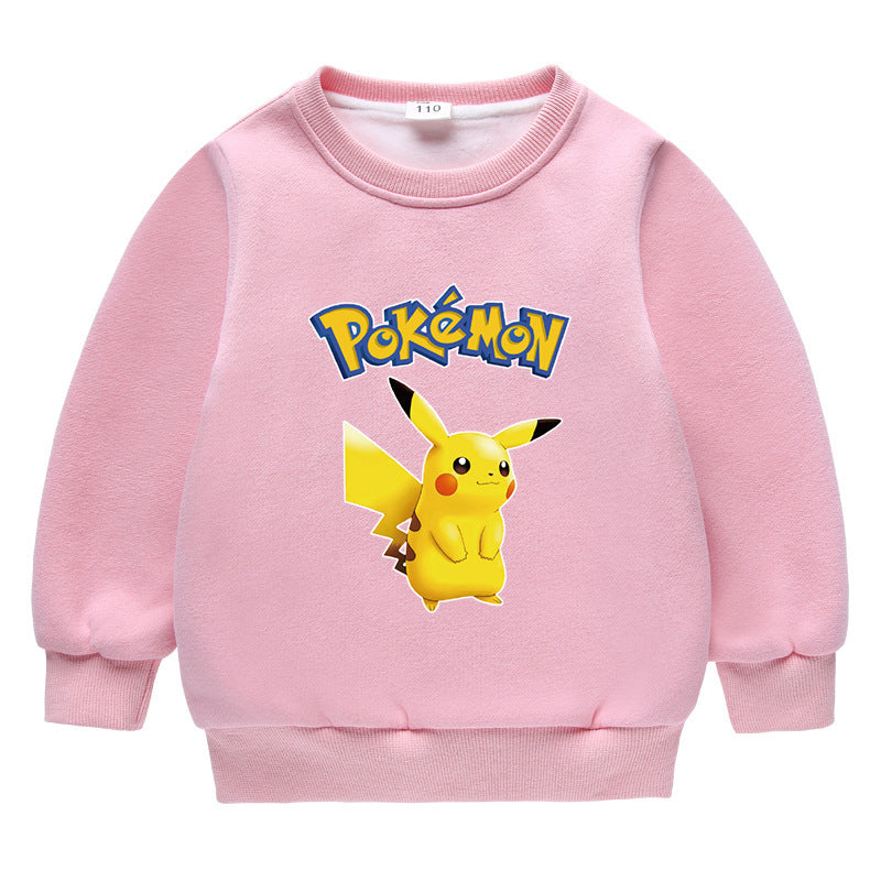 Children Pokemon Pikachu Hoodie Fleece-Lined Baby Sweater Double-Layer Thickened Coat Top