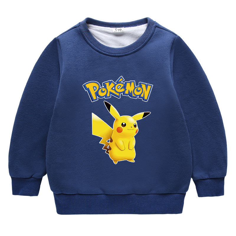 Children Pokemon Pikachu Hoodie Fleece-Lined Baby Sweater Double-Layer Thickened Coat Top