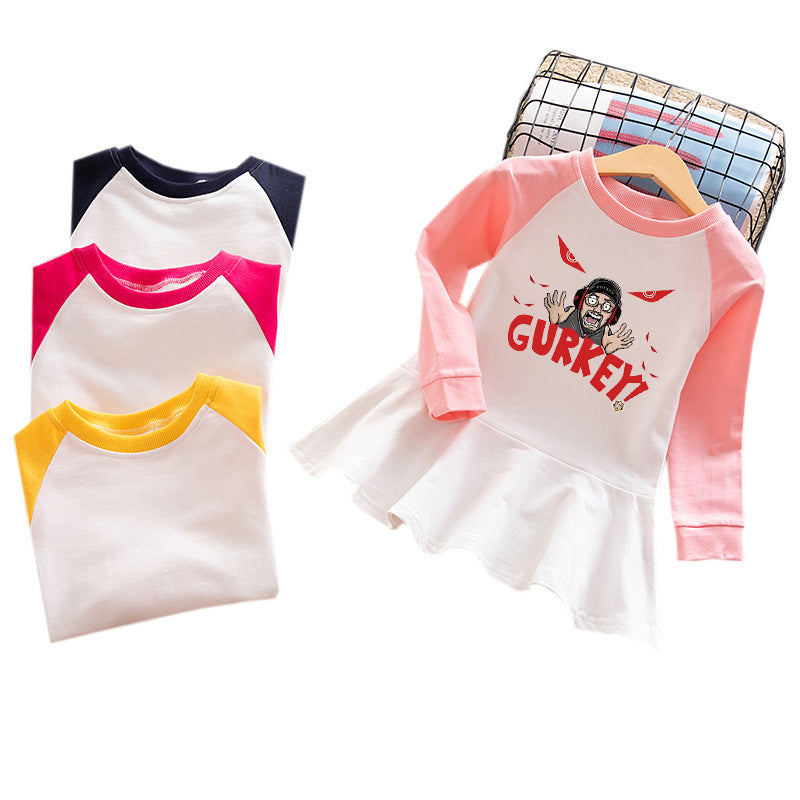 Fgteev Cartoon Dress Pure Cotton Contrast-Color Pleated Dress