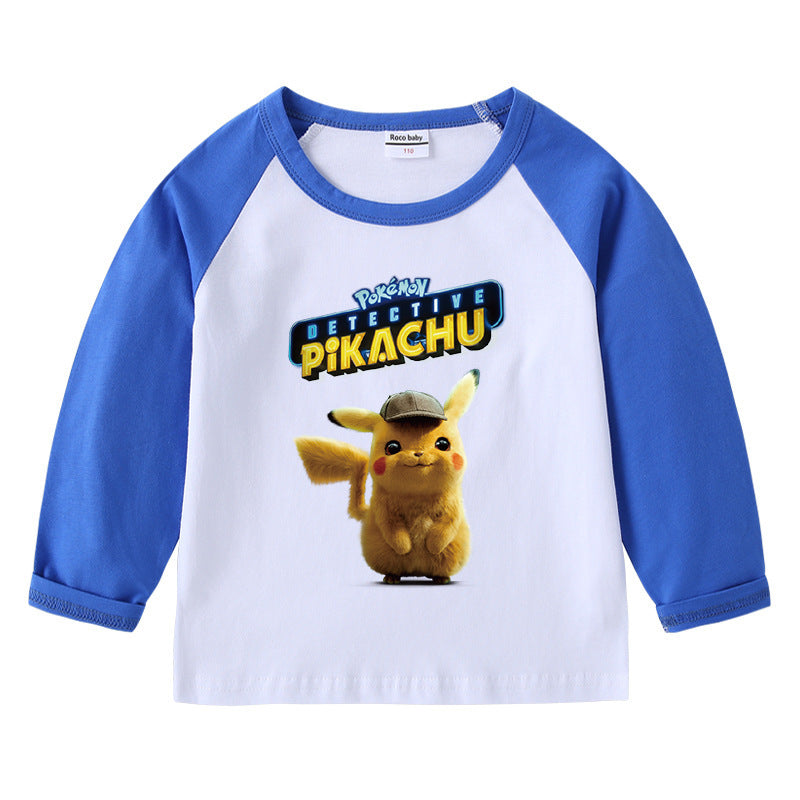 Children Pokemon Pikachu Hoodie Spring and Autumn Children's Cotton Raglan T-shirt round Neck