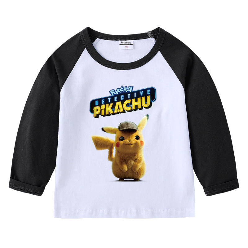 Children Pokemon Pikachu Hoodie Spring and Autumn Children's Cotton Raglan T-shirt round Neck
