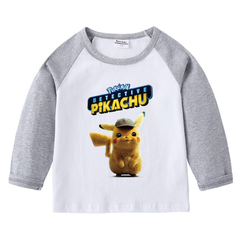 Children Pokemon Pikachu Hoodie Spring and Autumn Children's Cotton Raglan T-shirt round Neck