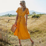 Burnt Orange Dress Spring/Summer A- line Dress Belt V-neck Short Sleeve Dress for Women