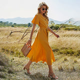 Burnt Orange Dress Spring/Summer A- line Dress Belt V-neck Short Sleeve Dress for Women
