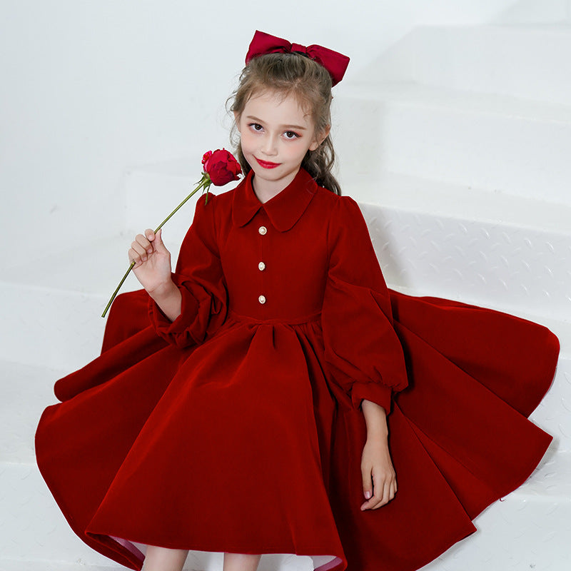 Princess Charlotte Flower Girl Dress Princess Dress Spring Costume for Piano Performance Little Host Wine Red Children's Dress