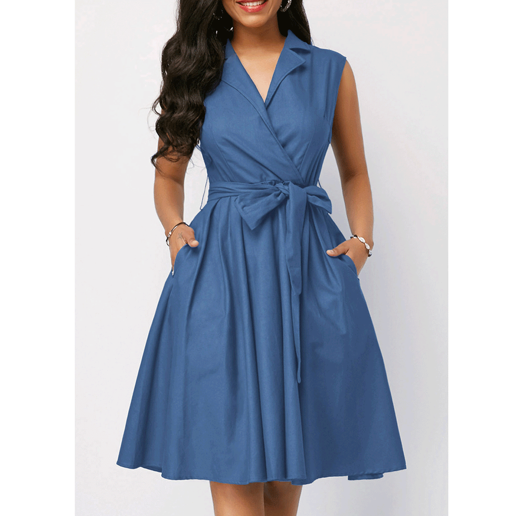 Cocktail Attire for Women Sleeveless Lapel Tied A- line Dress