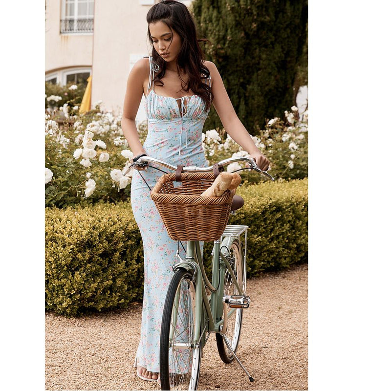 Sexy Ditsy Floral Pleated Backless Tied Spaghetti-Strap Cottagecore Aesthetic Dress