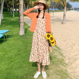 Sweet Knitted Coat & Floral Strap Cottagecore Aesthetic Dress 2 Piece Set