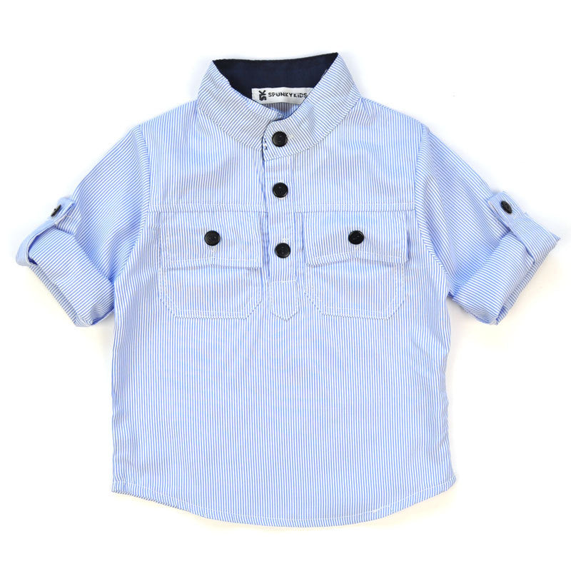 Children Boy Co Ord Striped Shirt Denim Back Pants 3 Piece Set