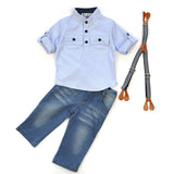 Children Boy Co Ord Striped Shirt Denim Back Pants 3 Piece Set